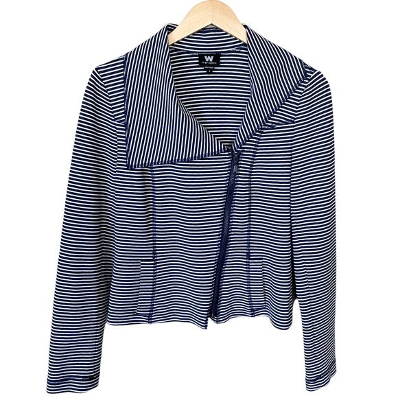 WORTH Jersey Moto Jacket Striped Blue White Asymmetrical Zip Collar Pocket 6 EUC - Picture 9 of 9